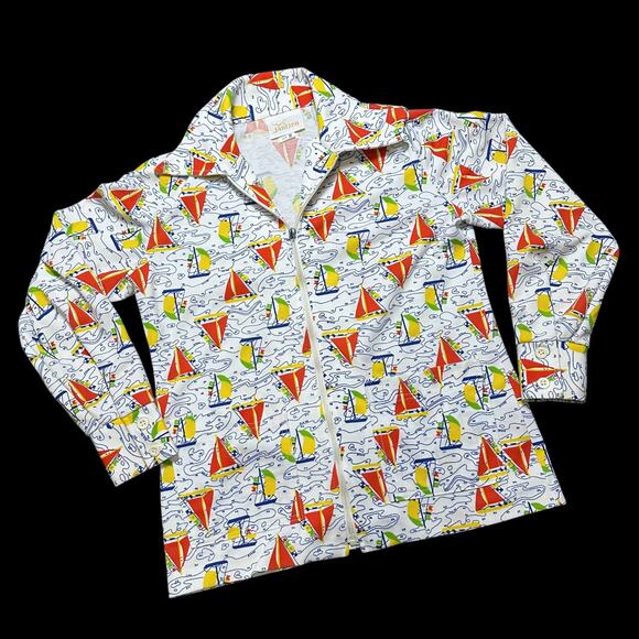 Vintage 70s Jantzen Retro Disco Shirt Jacket Novelty Print Nautical Wide Collar - Picture 1 of 6